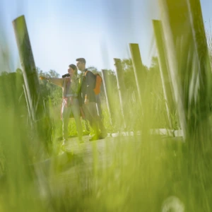 A woman and a man exploring nature.